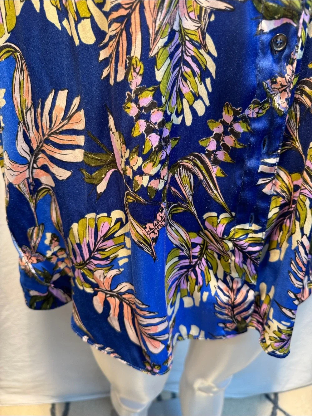 Free People Navy Blue Botanical Satin Button-Down Blouse